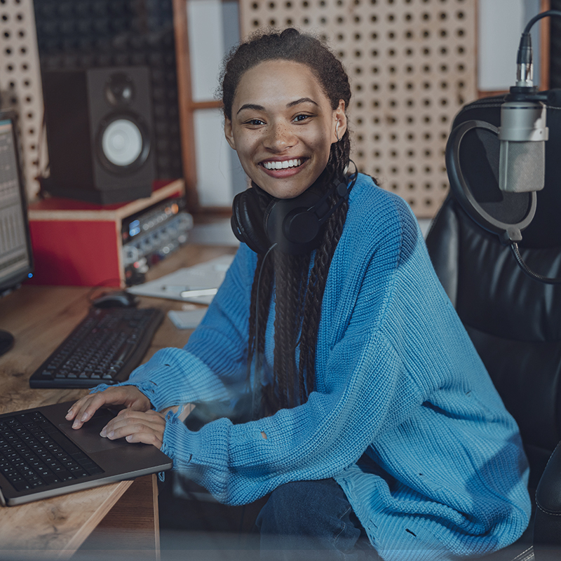 Female content creator smiling at camera